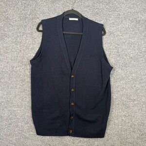 WoolOvers Cardigan Vest Men Large Blue 100% Lambswool Vneck Button Front Sweater